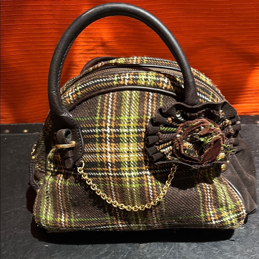 Juicy couture Plaid Handbag with Floral Accent - Brown and Green
